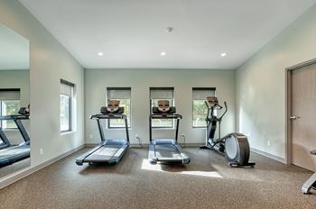 A spacious home gym with treadmills, elliptical machines, and a stationary bike.